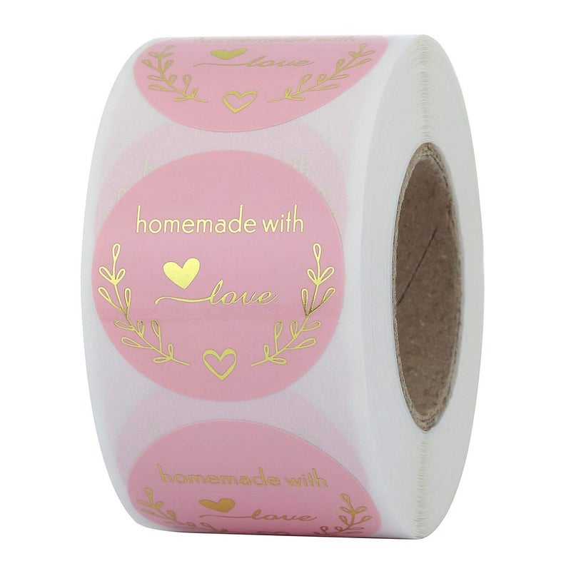 Yoption 1.5 Inch Round Homemade with Love Stickers Pink for Packaging, Cookie Bags, Small Shop Local Handmade, 500 Labels per Roll - Image 1